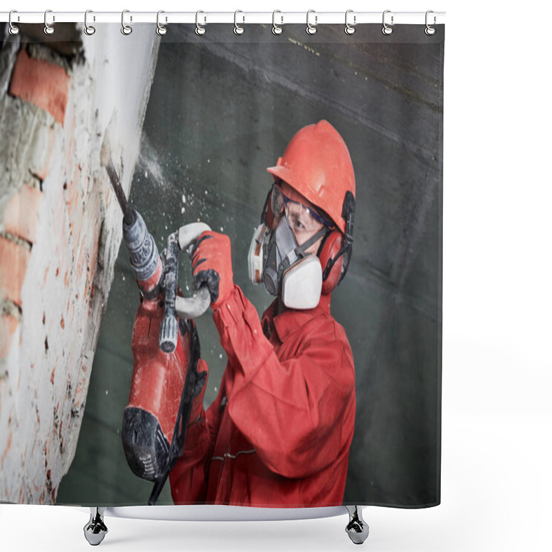 Personality  Worker With Demolition Hammer Breaking Interior Wall Shower Curtains