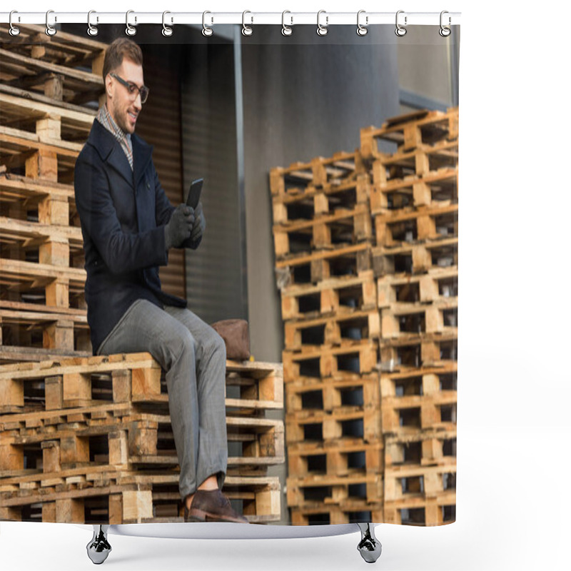 Personality  Handsome Smiling Man Using Smartphone And Sitting On Wooden Pallets Shower Curtains