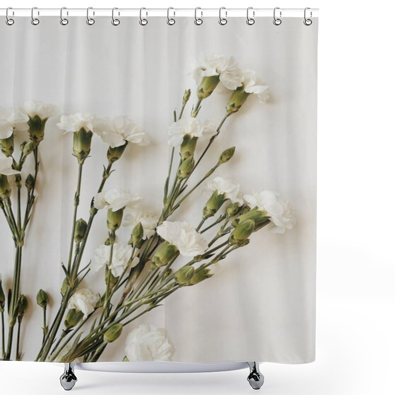 Personality  Flay Lay, Top View Of White Flowers/carnations On White Table. Anniversary, Wedding, Valentines, Birthday Concept. Minimal Spring Background. Shower Curtains