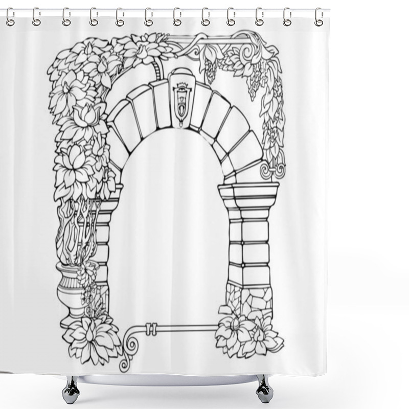 Personality  Vintage Card With Liana Branches And Stone Arch. Botanical Border With Plants. Floral Border. Outline Hand Drawn Plant Frame. Black And White Linear Design. Isolated Vector Illustration. Shower Curtains