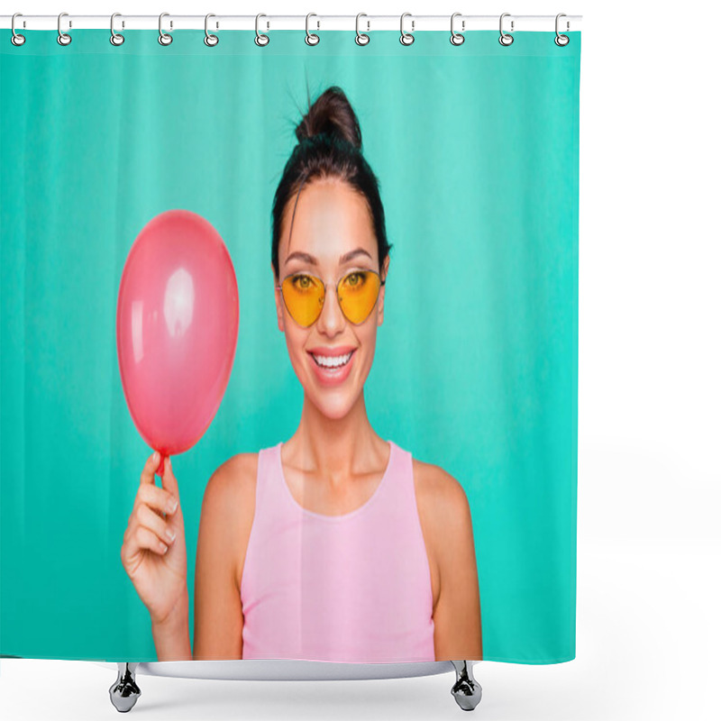 Personality  Close Up Photo Beautiful Funky Hairstyle She Her Lady Hold Hands Arms Air Balloon Birthday Congrats Best Friend Gift Present Wear Specs Casual Tank-top Isolated Bright Teal Turquoise Background Shower Curtains