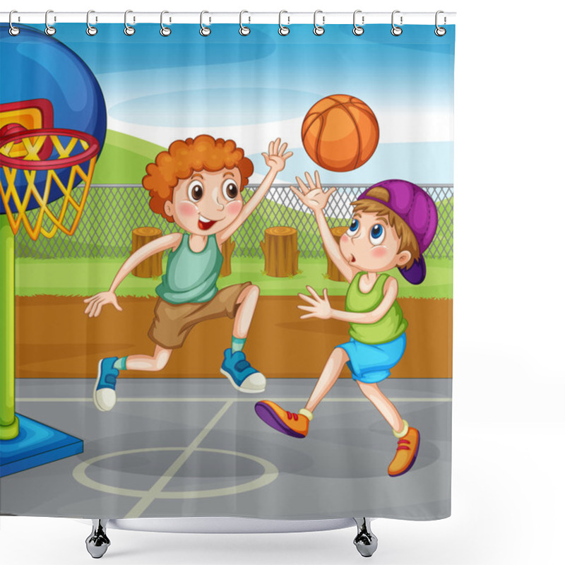 Personality  Two Boys Playing Basketball Outside Shower Curtains