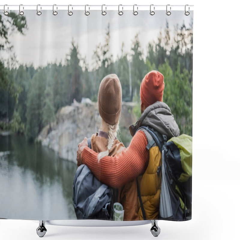 Personality  Back View Of Man Hugging Woman Near Lake Shower Curtains