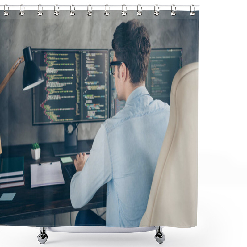 Personality  Rear Back Behind View Portrait Of His He Nice Skilled Focused Busy Geek Guy Typing Creating Database Data Base At Modern Industrial Interior Style Concrete Wall Work Place Station Indoors Shower Curtains