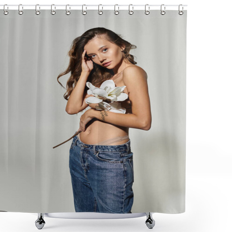 Personality  A Young Woman Exudes Charm While Holding A Delicate Flower, Wearing Elegant Attire. Shower Curtains