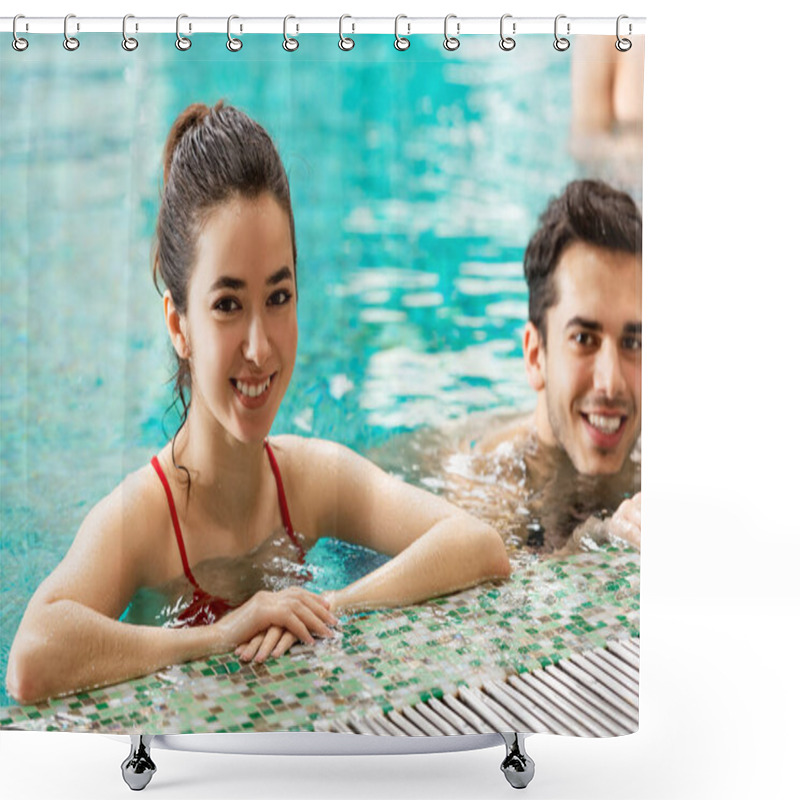 Personality  Selective Focus Of Young Woman And Man Smiling At Camera While Training In Swimming Pool Shower Curtains