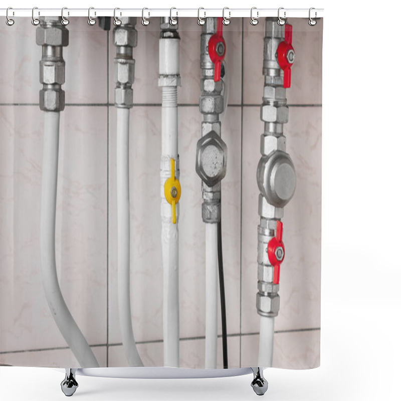 Personality  Laid Water And Gas Pipes. Pipeline Of The Heating System. High Quality Photo Shower Curtains