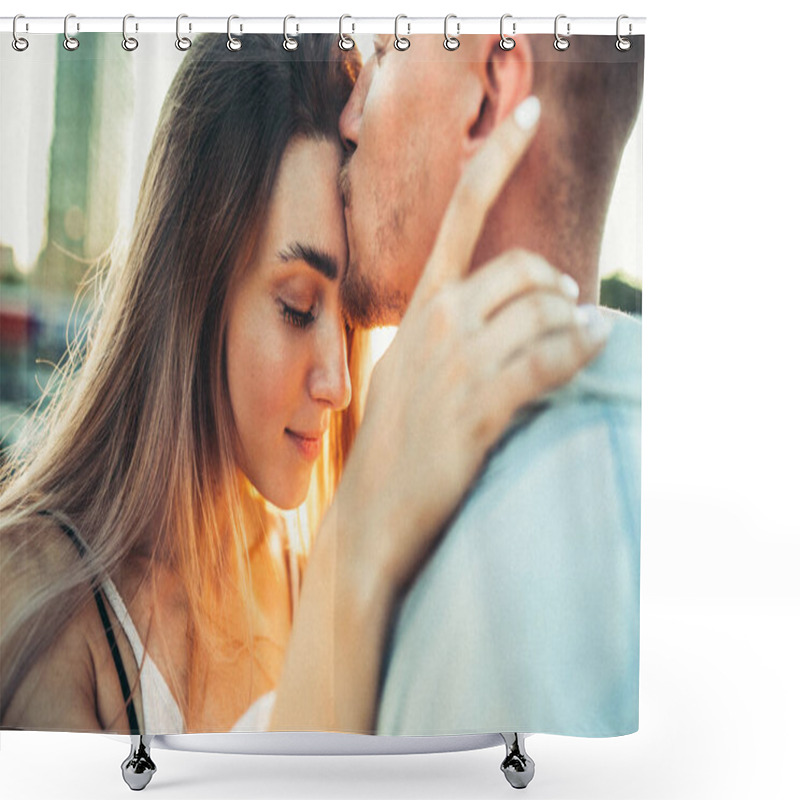 Personality  Tanned Young Caucasian Couple, Modern Lovestory In Film Grain Effect Shower Curtains