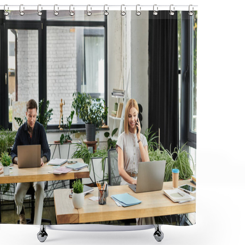 Personality  Two Coworkers Are Engaged In Tasks At Their Desks, Focused And Surrounded By Greenery. Shower Curtains