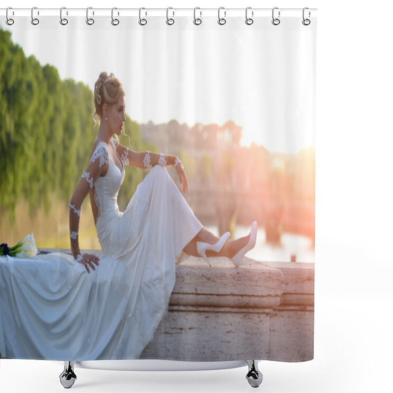 Personality  Beautiful Bride Sitting On Bridge Shower Curtains