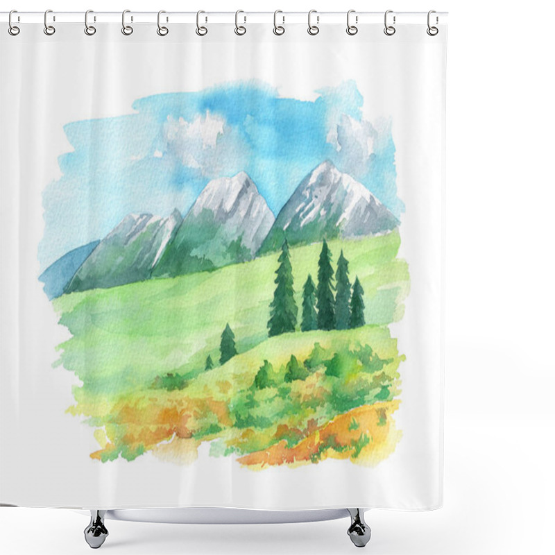 Personality  Illustration Landscape With Mountain Peaks And Flowers On The Green Grass. Hand Painted In Watercolor. Isolated  On A White Background Shower Curtains