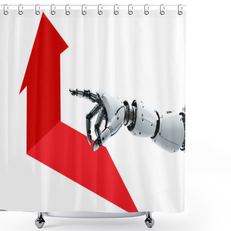 Personality  Red Upwards Arrow, Going Up, To Top As Trend Or Crisis And Problems And Issues As Losses And Recession, Increasing, It Is A Increase Over Time, Collapsing And Robot Arm With Hand Pointing, AI Technology, White Humanoid Android, Artificial Intelligenc Shower Curtains