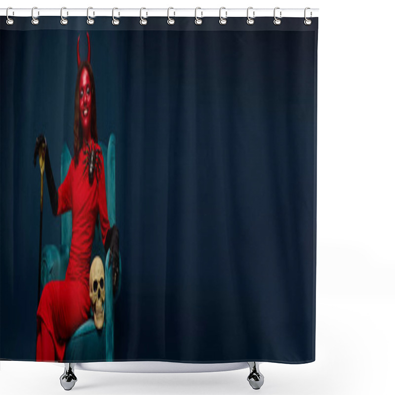 Personality  This Striking Figure Captures Halloween Spirit With A Confident And Charming Devil Costume. Shower Curtains