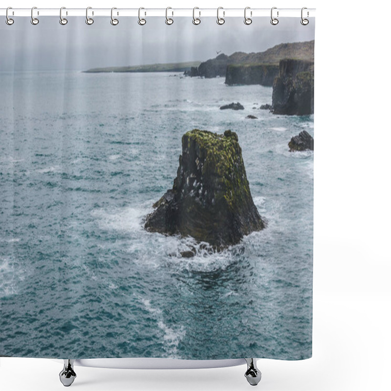 Personality  Scenic Shot Of Rocks And Cliff In Blue Ocean In Arnarstapi, Iceland On Stormy Day Shower Curtains