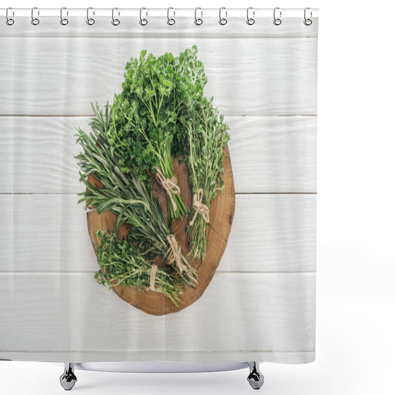 Personality  Top View Of Green Parsley, Rosemary And Thyme On Brown Stump On White Wooden Table Shower Curtains