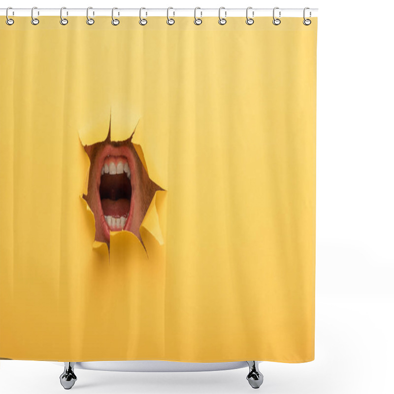 Personality  Cropped View Of Open Mouth In Yellow Paper Hole  Shower Curtains