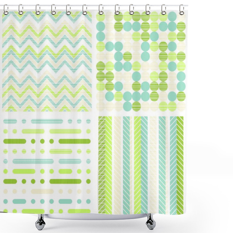 Personality  Set Of Seamless Retro Geometric Paper Patterns In Green Turquoise White And Beige Dots Lines And Chevron Shower Curtains