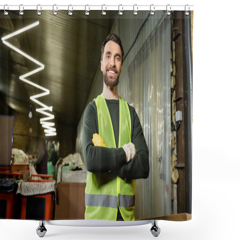 Personality  Cheerful Worker In High Visibility Vest And Protective Gloves Looking At Camera And Crossing Arms While Standing In Blurred Waste Disposal Station, Garbage Sorting And Recycling Concept Shower Curtains