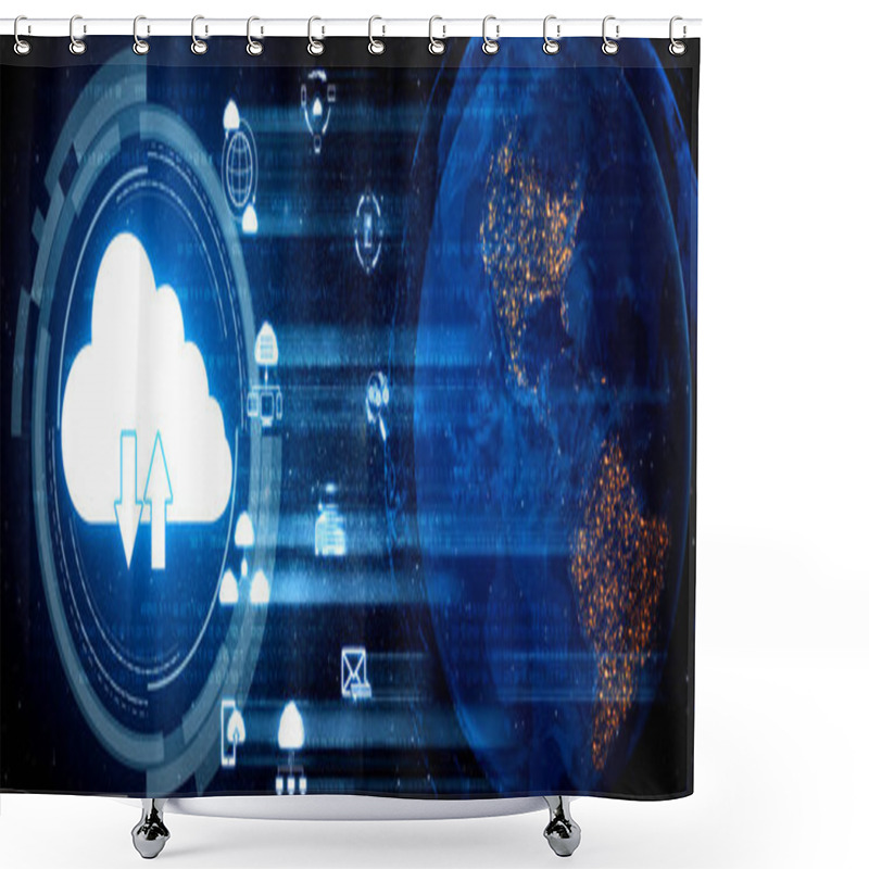 Personality  Cloud Computing Technology And Online Data Storage For Business Network Concept. Computer Connects To Internet Server Service For Cloud Data Transfer Presented In 3D Futuristic Graphic Interface. Shower Curtains