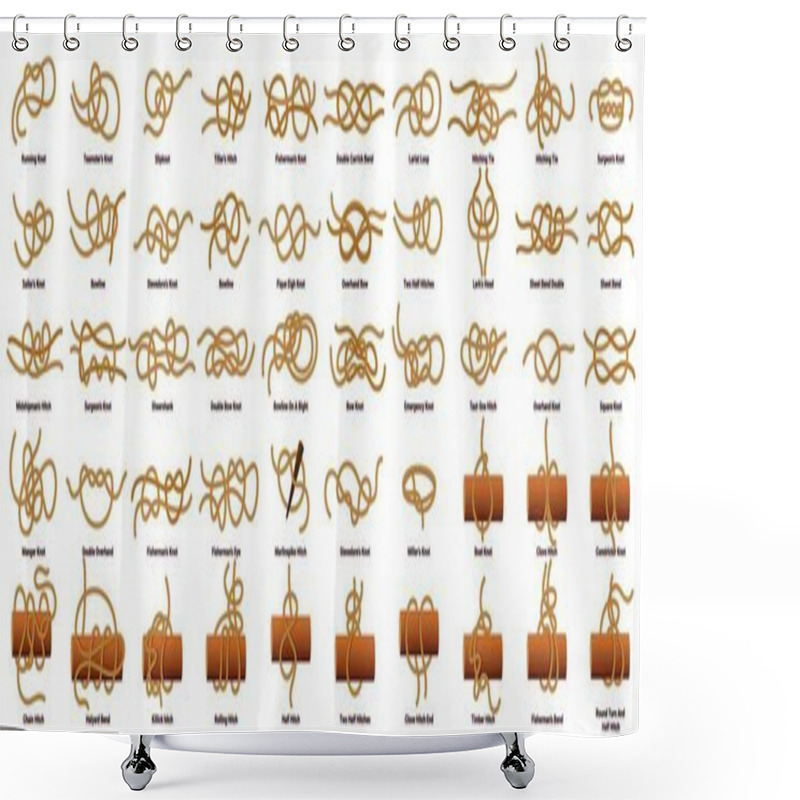 Personality  Sailing Ship Rope Knots, Nautical Sailor Tie And Bow, Vector Marine Cords Set Icons. Nautical Rope Knot Types And Sea Boat String Loop Names, Bowline And Fisherman Hitching Or Double Carrick Knots Shower Curtains