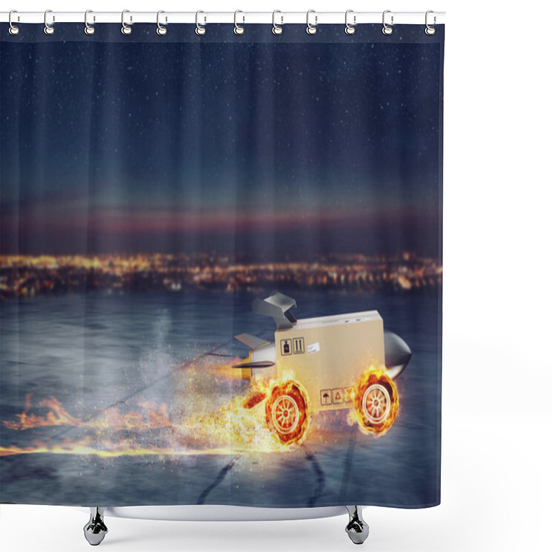 Personality  Fast Delivery Of Package Box Like A Rocket With Wheels On Fire Shower Curtains