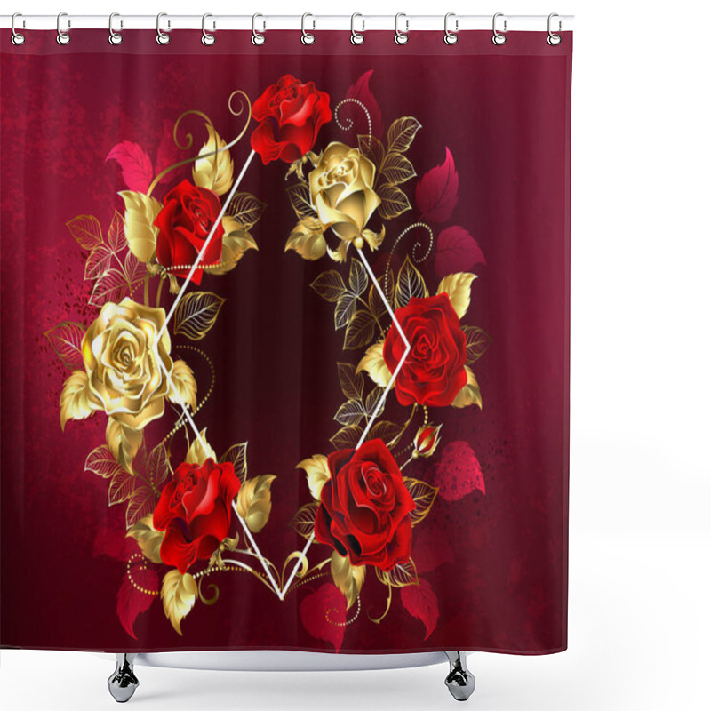 Personality  White Contour Rhombus With Gold And Red Jewelry On A Red Textured Background. Design With Red Roses Shower Curtains