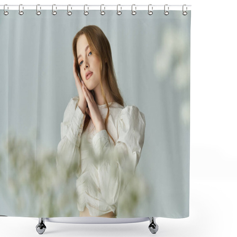 Personality  A Beautiful Young Woman With Flowers Delicately Framing Her Thoughtful Expression. Shower Curtains