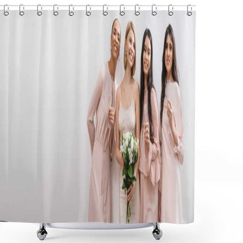 Personality  Positivity, Happy Bride In Wedding Dress Holding Bridal Bouquet And Standing Near Interracial Bridesmaids On Grey Background, Champagne Glasses, Racial Diversity, Fashion, Banner  Shower Curtains