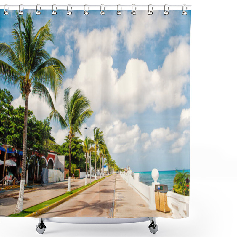 Personality  Street Road With Waterfront Near Green Palm Trees, Cozumel, Mexico Shower Curtains