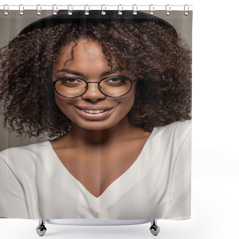 Personality  Young Smiling African American Woman In White Shirt Wearing Glasses And Hat Isolated On Grey Background Shower Curtains