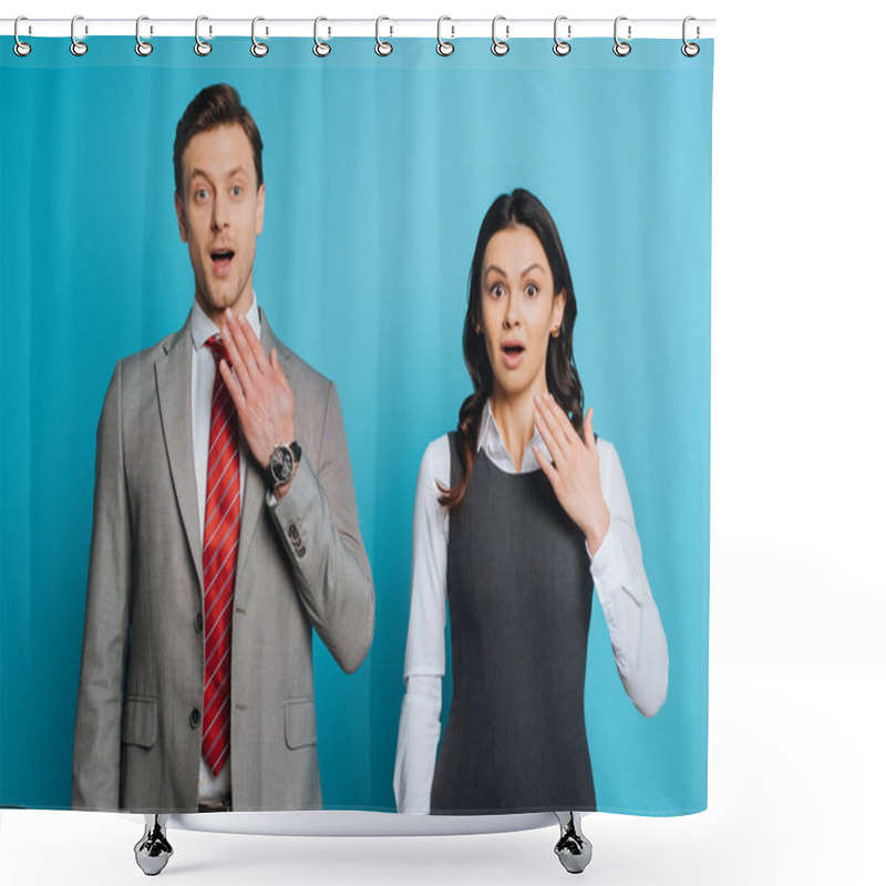 Personality  Two Shocked Businesspeople Looking At Camera While Standing With Open Mouths On Blue Background Shower Curtains