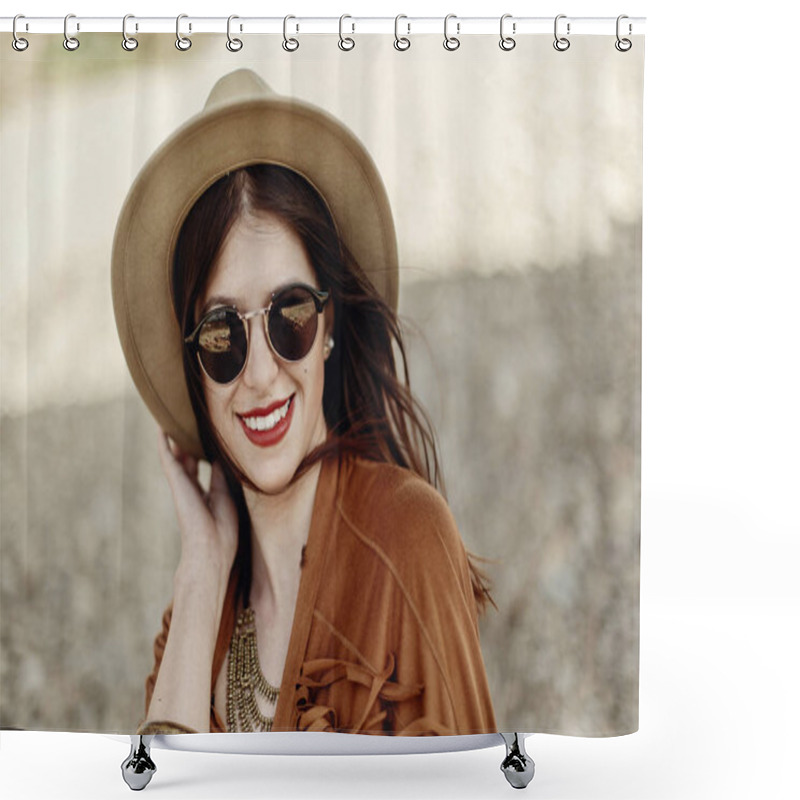 Personality  Woman In Sunglasses Holding Hat Shower Curtains