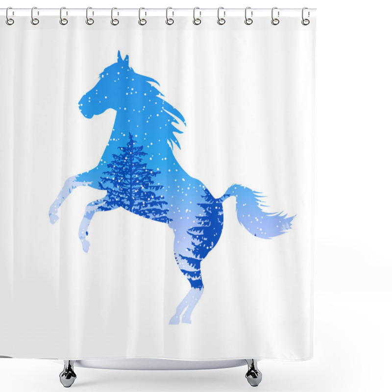 Personality  Silhouette Of Horse With Panorama Of Mountains. Winter. Snowing.  Shower Curtains