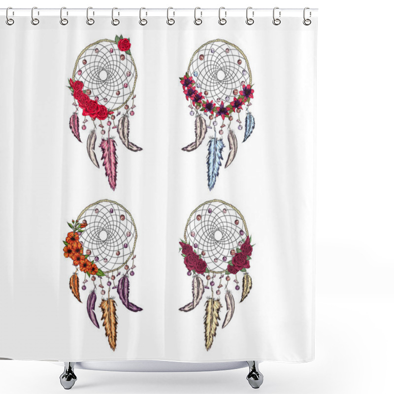 Personality  Hand Drawn Illustration Of Dream Catcher Setwith Flowers, Native American Poster Shower Curtains