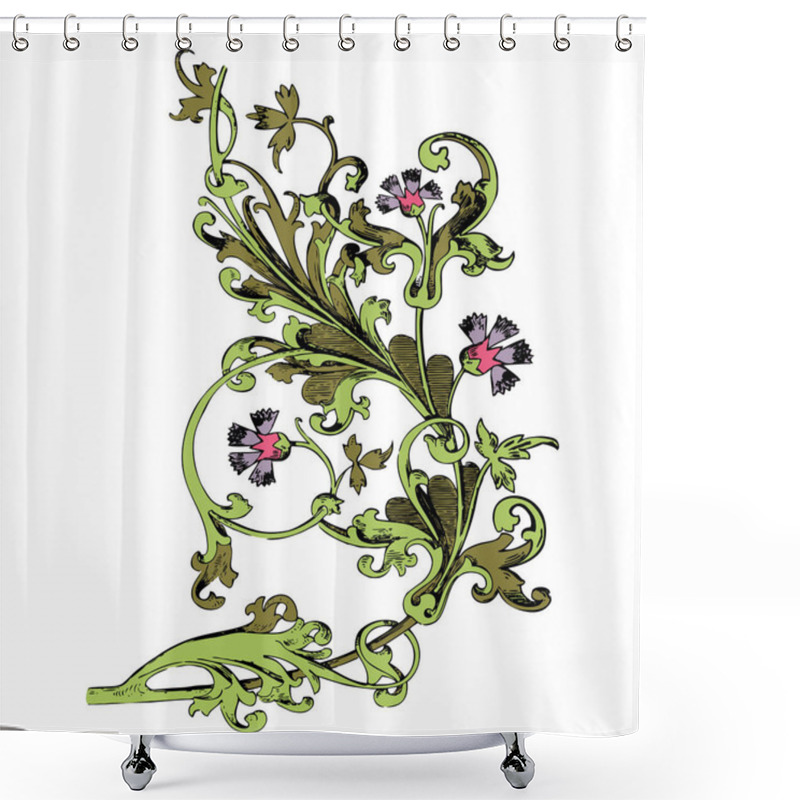 Personality  Hand Drawn Illustration Of Twig With Flowers And Leaves Baroque Vector. Cornflowers. Colorful Vegetable Ornament Vertical On White Background Shower Curtains