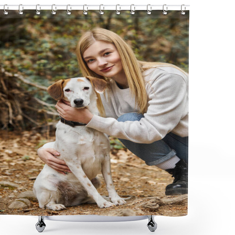 Personality  Cheerful Woman Loving And Hugging Gently Her Dog And Looking At Camera While Walking In Woods Shower Curtains