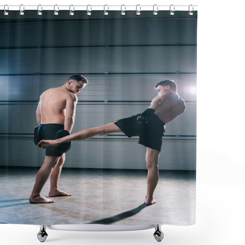 Personality  Strong Muscular Shirtless Mma Fighter Practicing Low Kick With Another Sportsman  Shower Curtains