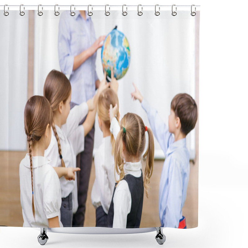 Personality  Group Of Children And Teacher Holding A Globe. Shower Curtains