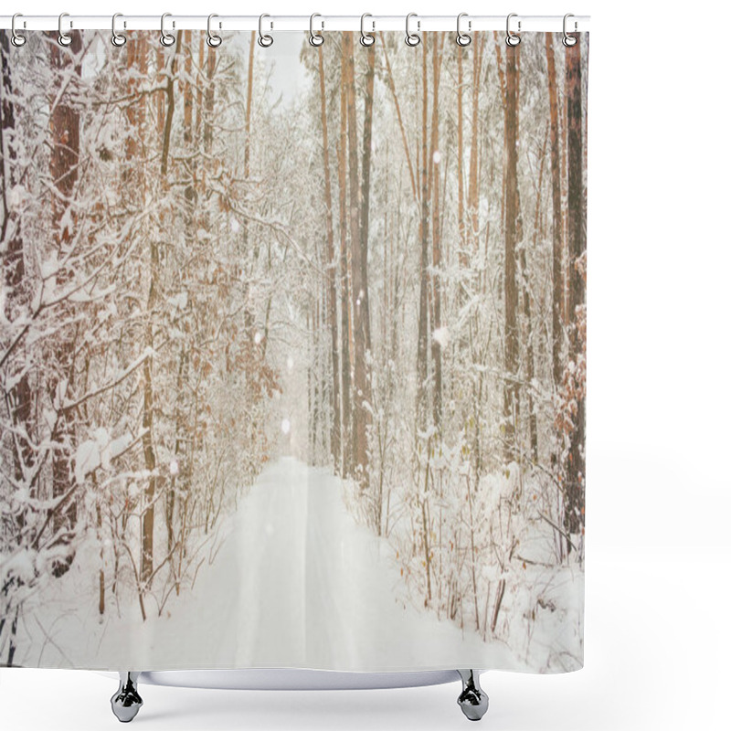 Personality  Scenic View Of Winter Forest And Blurred Falling Snowflakes Shower Curtains