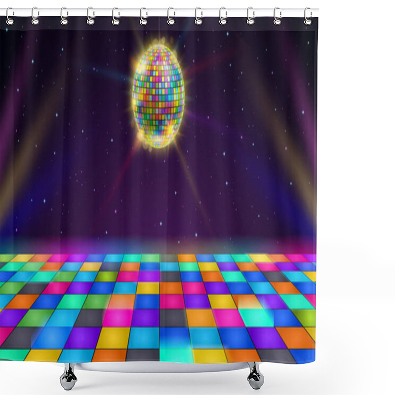 Personality  Disco Dance Floor. Retro Party Scene With LED Squares Grid Glowing Floor, Disco Ball And Starry Night Sky Vector Background Illustration. Neon Colorful Tiles, Rainbow Shining Ball For Dj Event Shower Curtains