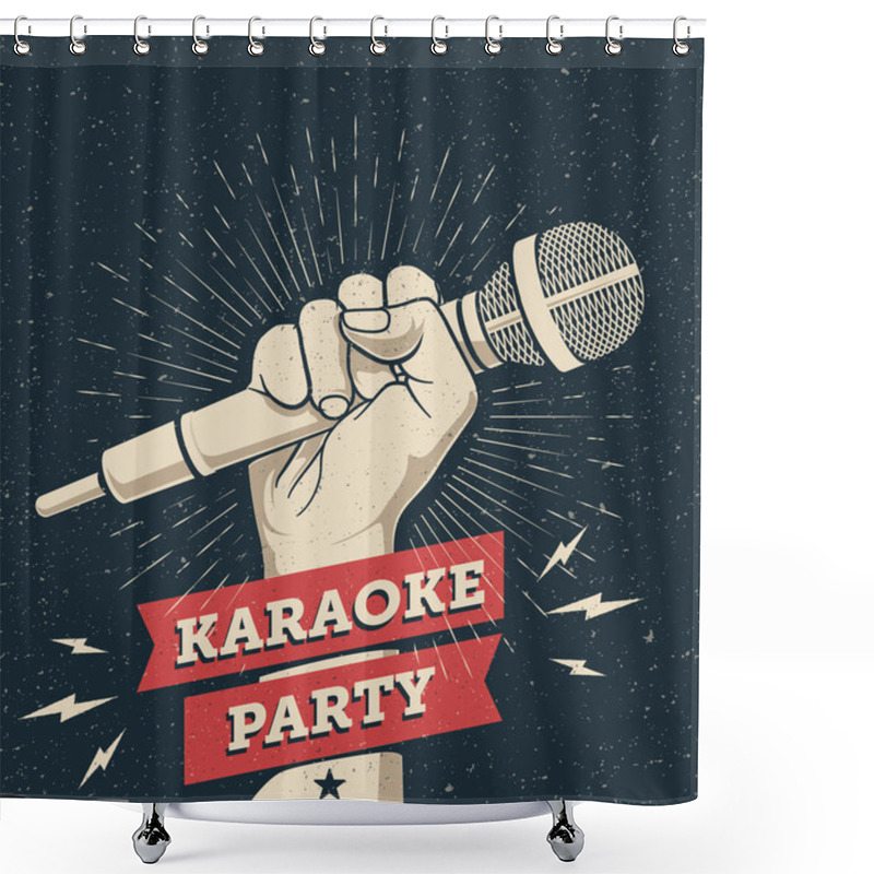 Personality  Vector Karaoke Party Invitation Flyer Poster Design Template For Your Event. Hand Holding Microphone On Dark Background. Concept For A Night Club Advertising Vintage Styled Vector Illustration Shower Curtains