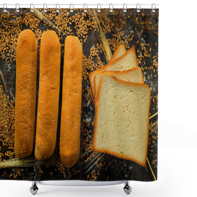 Personality  Hamburger Breads, Hot Dogs, Fully Organic Square Breads, Freshly Prepared And Baked On Black Background With Wheat Ears And Wheat In Bakery Shower Curtains