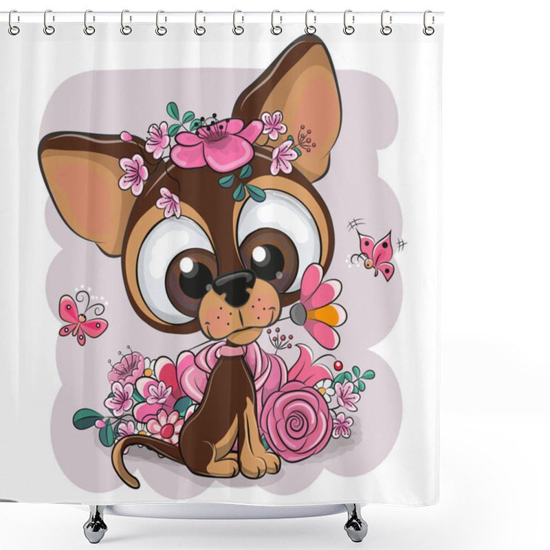 Personality  Greeting Card Puppy With Flower On A Pink Background Shower Curtains