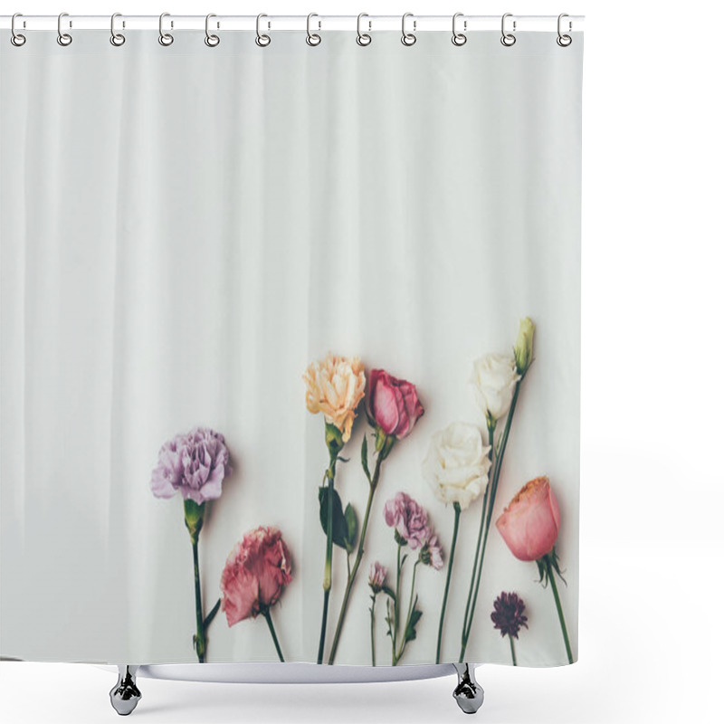 Personality  Top View Of Beautiful Blooming Flowers Isolated On Grey  Shower Curtains