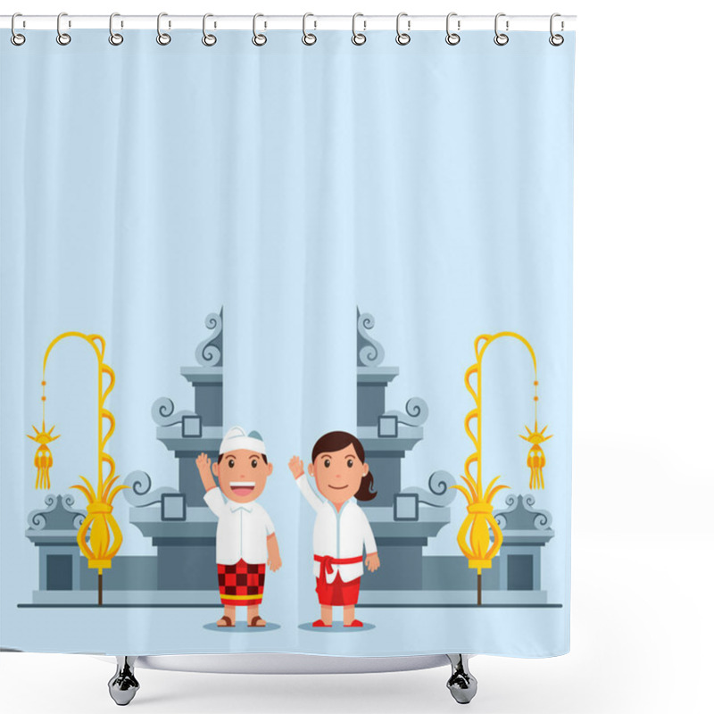 Personality  Cute Cartoon Kids In Front Of Bali Hindu Temple Gate Shower Curtains