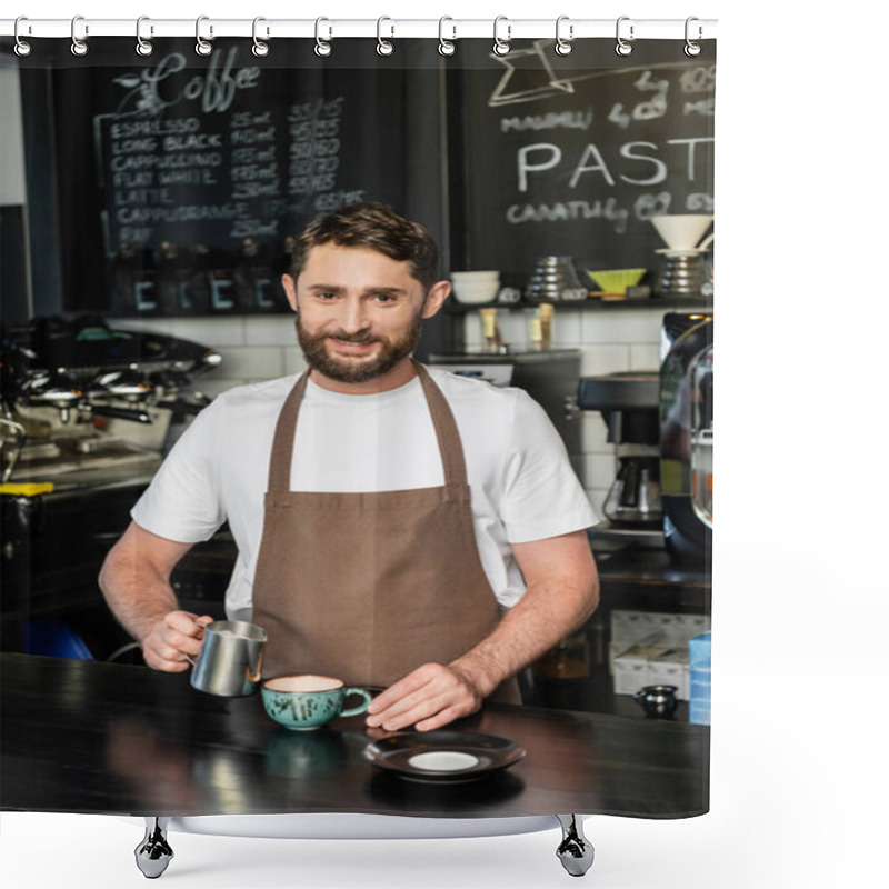 Personality  Smiling Barista In Apron Holding Pitcher With Milk Near Cappuccino In Cup In Coffee Shop Shower Curtains