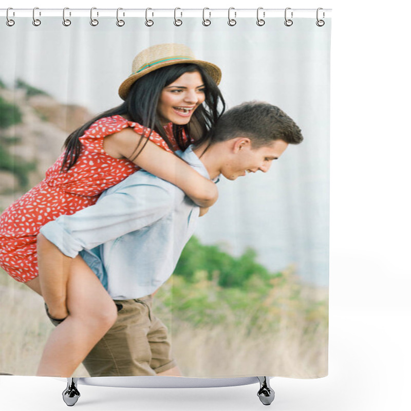 Personality  Young Stylish Couple In Love Walking In Mountains By The Sea. Vine Sunset Summer Mood Shower Curtains