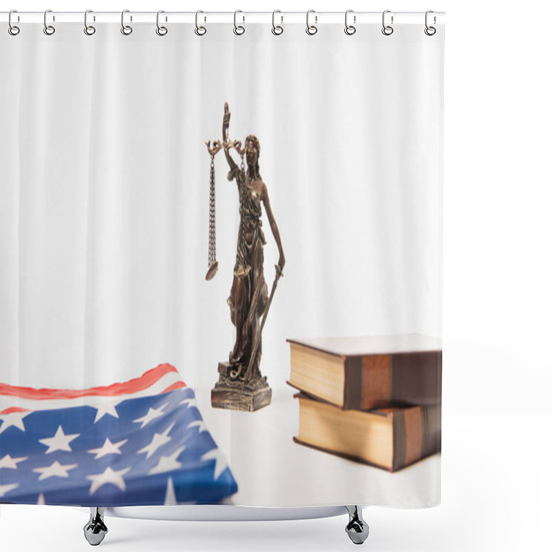 Personality  Statuette Of Justice Near American Flag And Books Isolated On White Shower Curtains