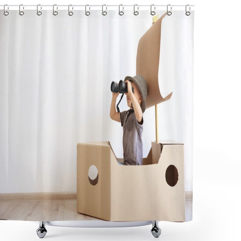 Personality  Little Boy Playing With Cardboard Ship  Shower Curtains