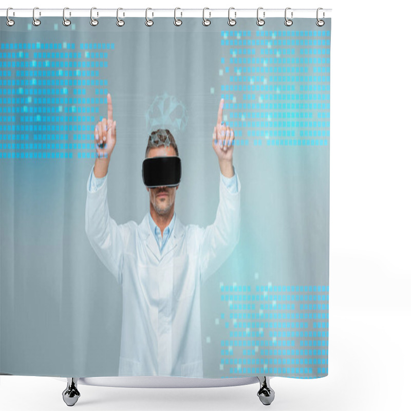 Personality  Scientist In Virtual Reality Headset Touching Medical Interface With Brain Isolated On Grey, Artificial Intelligence Concept Shower Curtains